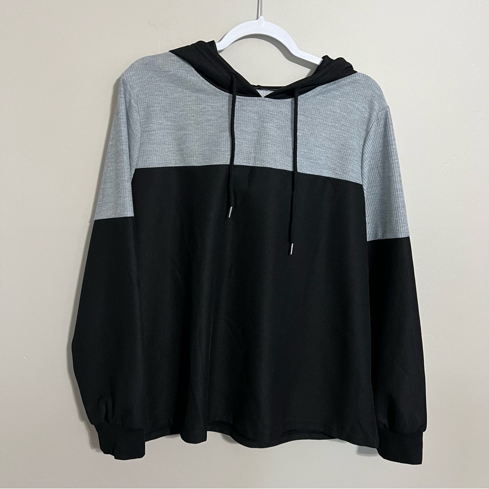 SHEIN Curve Black Gray Waffle Knit Hoodie Sweatshirt size 1XL